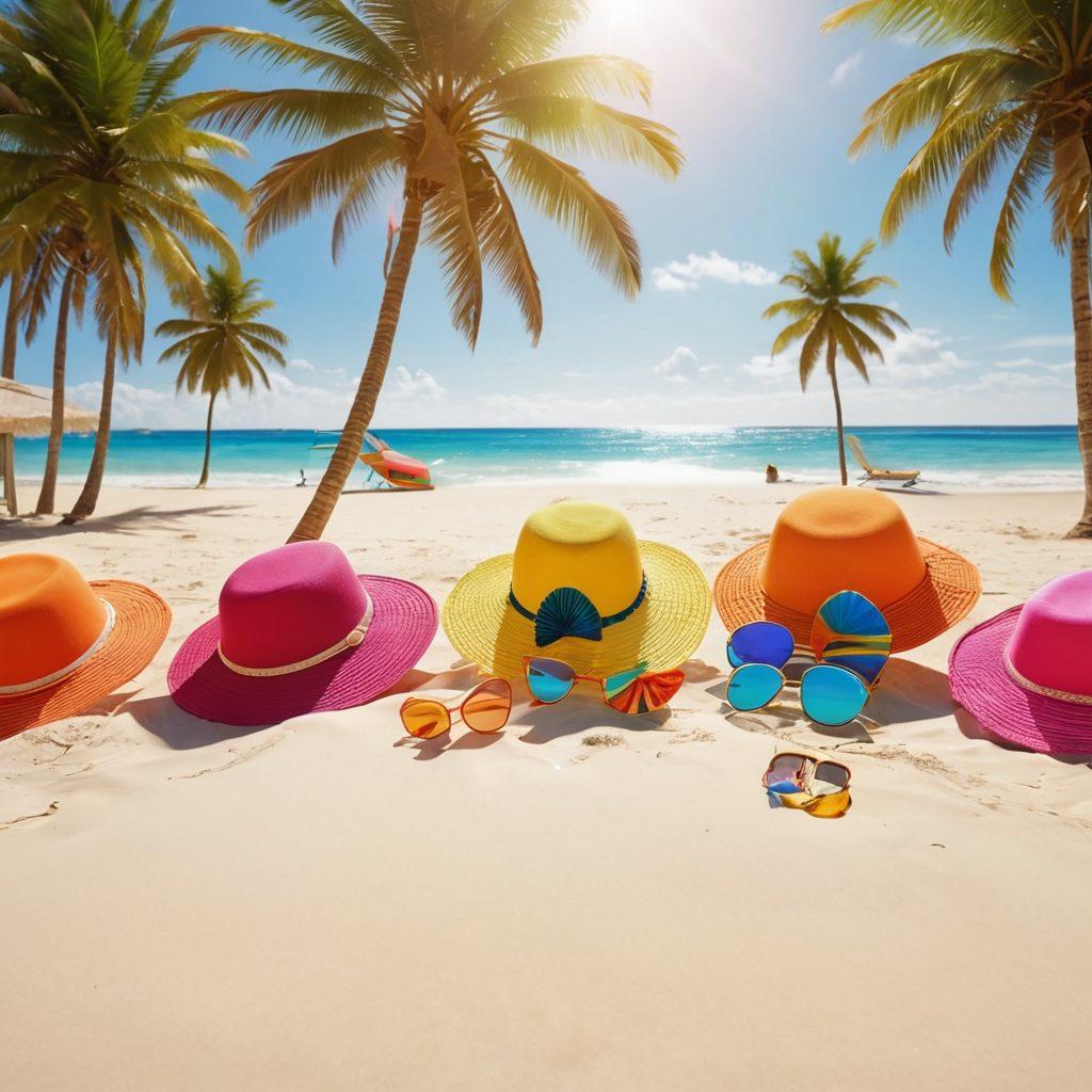 A stylish beach scene featuring a diverse group of people showcasing vibrant summer swimwear, lounging on sandy beaches under bright sun, palm trees swaying gently in the breeze. Include colorful beach umbrellas and a crystal-clear ocean in the background. Emphasize trendy accessories like sunglasses and beach hats. summer vibes. bright colors. super-realistic.