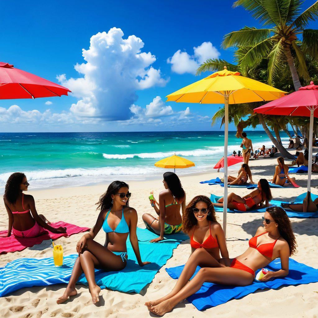 A lively summer beach scene featuring diverse models in trendy bikinis and colorful beachwear, enjoying sunbathing and playing beach games, surrounded by vibrant beach umbrellas and sparkling ocean waves. Incorporate refreshing tropical drinks and a clear blue sky filled with fluffy white clouds. Capture the essence of summer fun and fashion. super-realistic. vibrant colors. sunny ambiance.